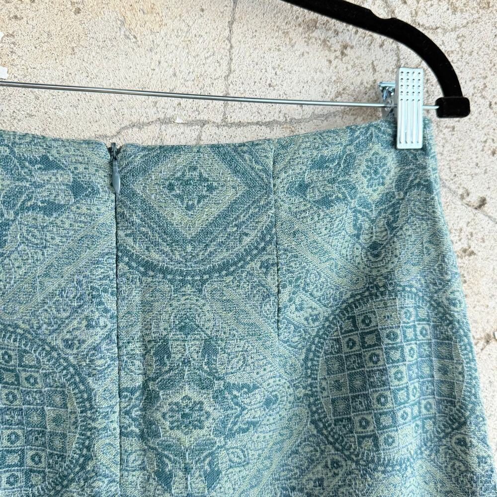 Vintage Tapestry Skirt Aqua Teal Midi Woven‎ Fringe Hem 90s Cottagecore Size 6 - Picture 6 of 7